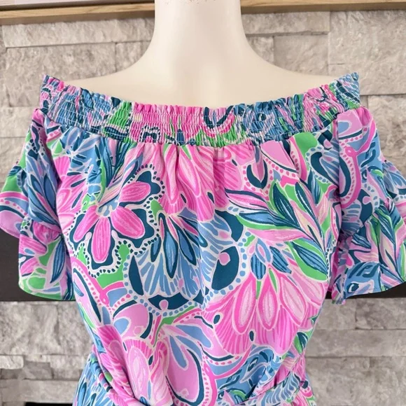 Lilly Pulitzer Off Shoulder Floral Ruffle Mini Dress Pink Blue Belted Size S - Picture 2 of 8
